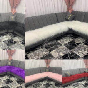 مفرش فرو مجالس ركنة من متاجر مصر Shops Egypt، فرو مستورد كثيف بطول شعرة 5 سم، بريق كريستالي لامع، متوفر بألوان الأسود والأبيض والأوف وايت والكشمير والنبيتي.