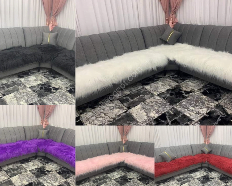 مفرش فرو مجالس ركنة من متاجر مصر Shops Egypt، فرو مستورد كثيف بطول شعرة 5 سم، بريق كريستالي لامع، متوفر بألوان الأسود والأبيض والأوف وايت والكشمير والنبيتي.