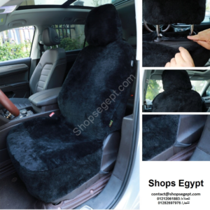 غطاء كرسي سيارة فرو بلون أسود، مصنّع من فرو قصير قطني معالج، يشمل ساتيك وشنكل حديدي للتثبيت الثابت، طقم يحتوي على 2 غطاء كرسي بالمخادع.