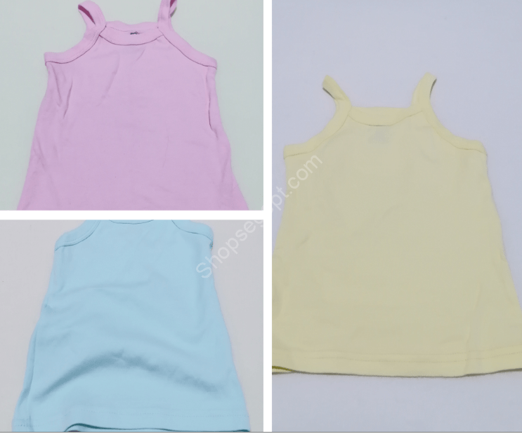 فانلة حمالة لحديثي الولادة بألوان متنوعة ومجموعة صور توضح التصميم.