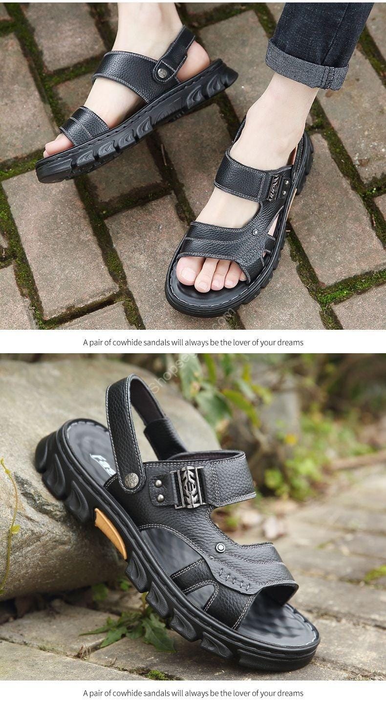 صندل رجالي كاجوال غير قابل للانزلاق من جلد البقر من الطبقة الأولى - الصورة 10