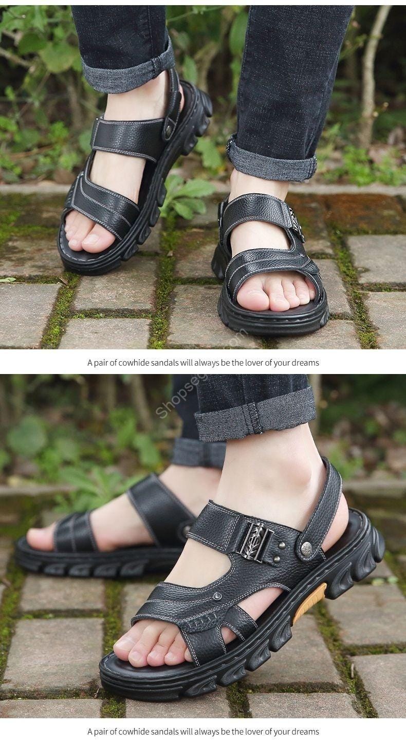 صندل رجالي كاجوال غير قابل للانزلاق من جلد البقر من الطبقة الأولى - الصورة 7