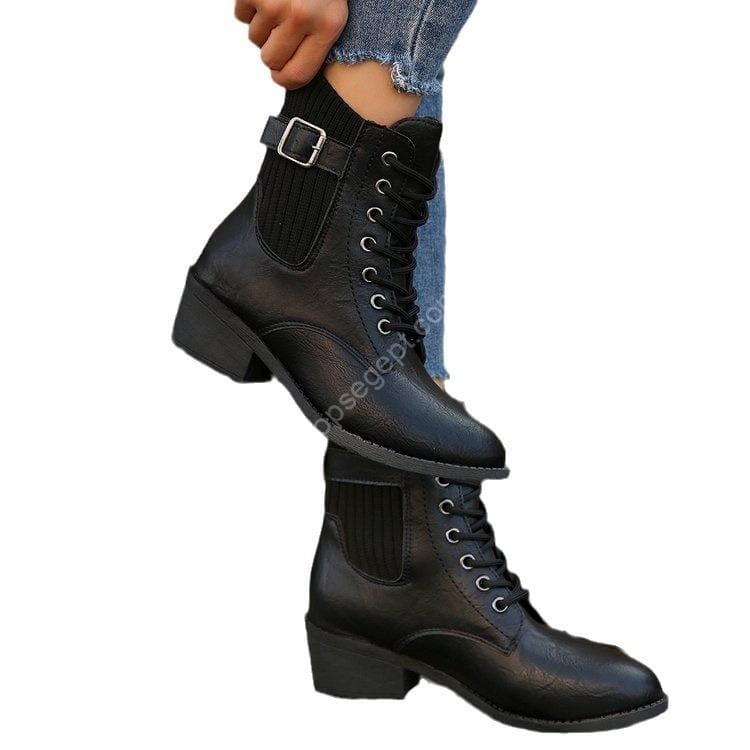 حذاء نسائي للخريف والشتاء ذو نعل سميك بمقدمة مدببة وأربطة للكاحل أسود بريطاني - الصورة 3