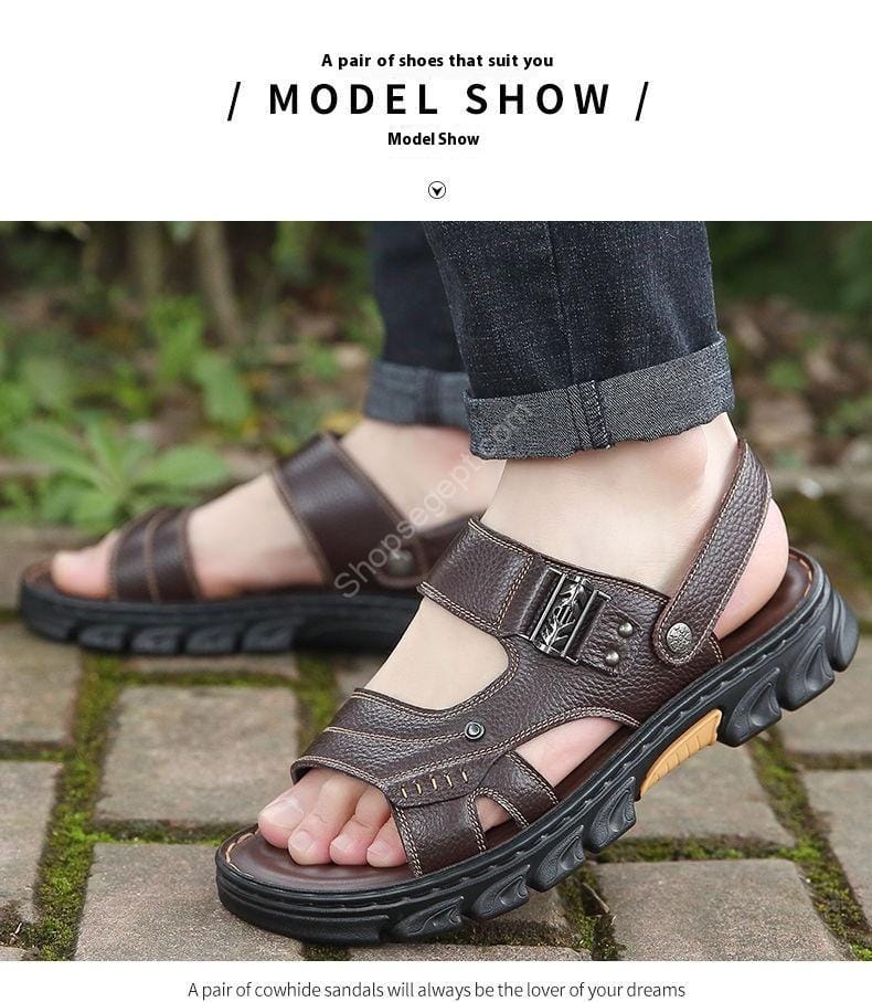 صندل رجالي كاجوال غير قابل للانزلاق من جلد البقر من الطبقة الأولى - الصورة 8