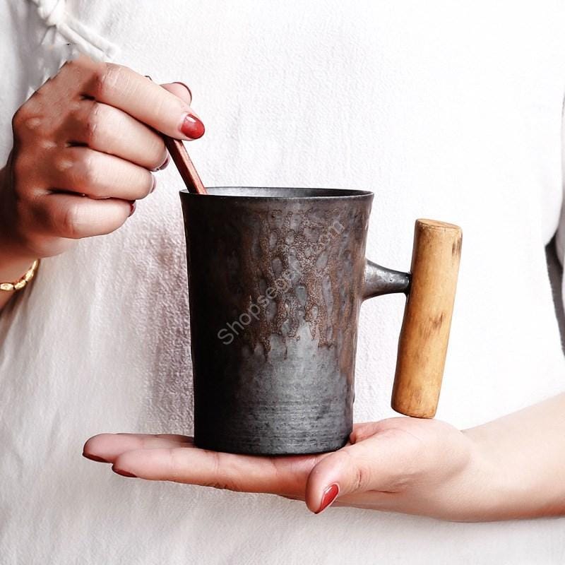 كوب فخار خشن مصنوع يدوياً مع ملعقة - الصورة 7